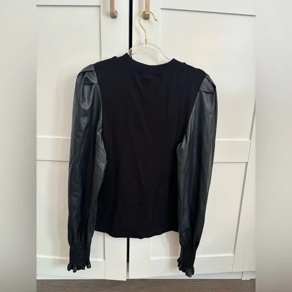Dolan Anthropologie Mixed Media Puff Sleeve Top in Black Leather Sleeve Small - Picture 5 of 9